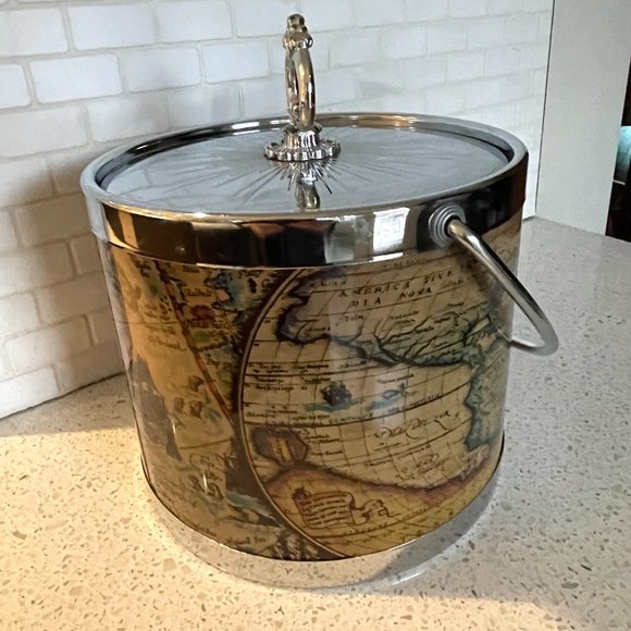 Vintage 1970s World Map/Atlas Ice Bucket w/ Ortelius Map from 1570 - Picture 11 of 11